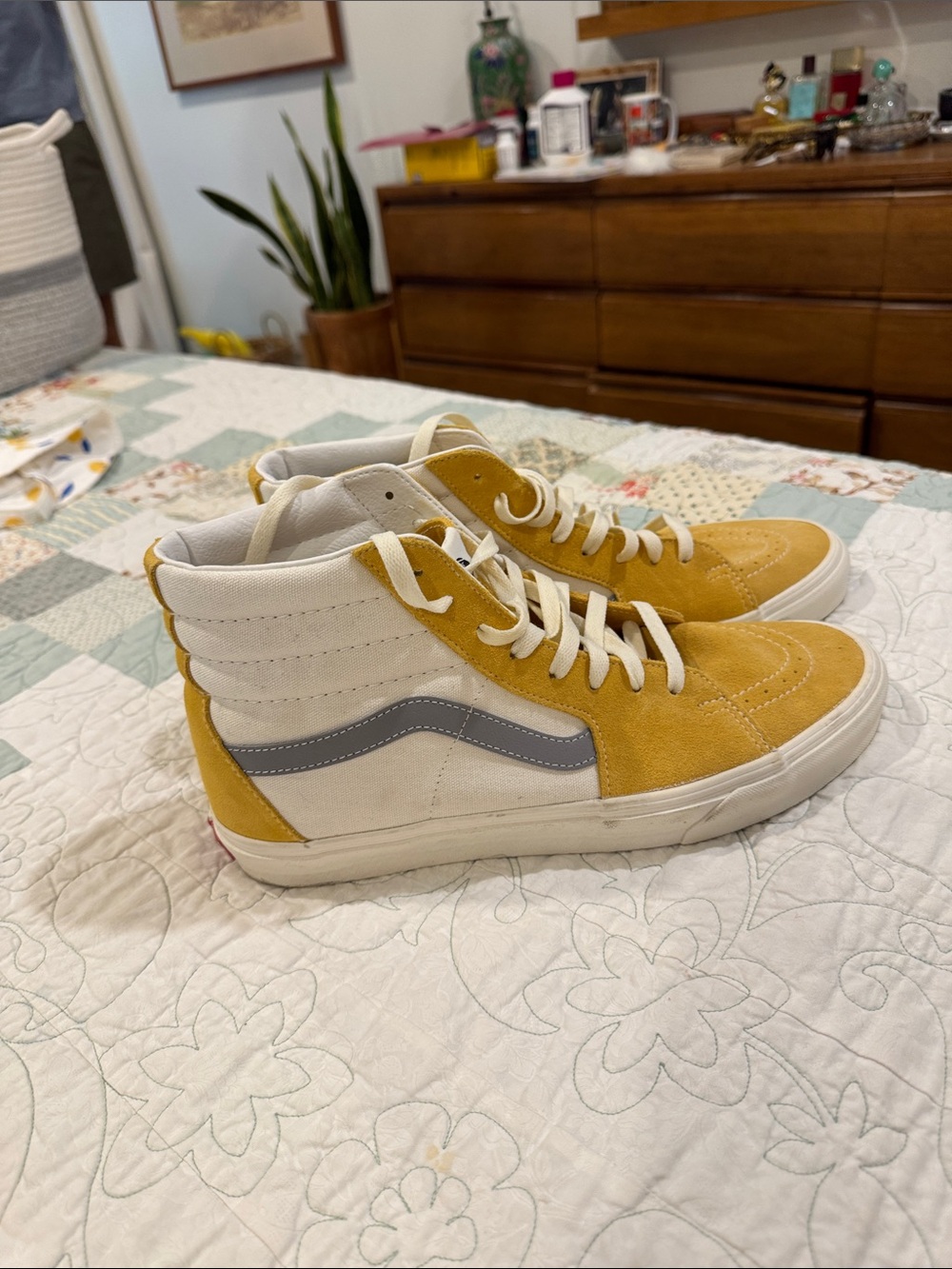 Vans High-Top Sneakers in Mustard Yellow and White with Gray Stripe
